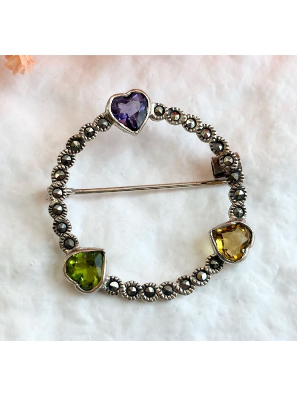 Amethyst, Peridot, Marcasite & Citrine Heart Vintage Sterling Silver 925 Brooch